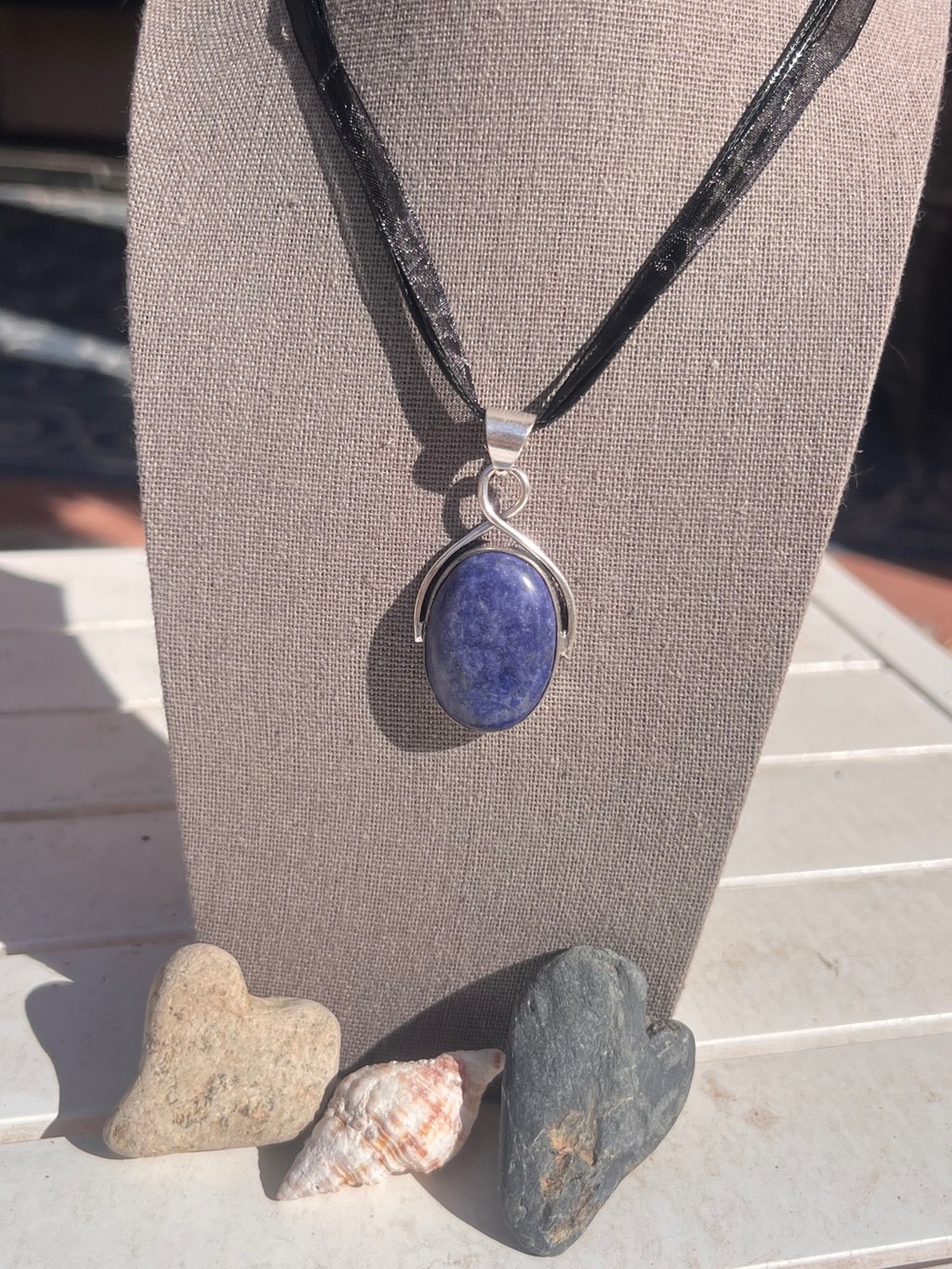 Lapis Lazuli Oval Pendant Necklace - Deep Blue Gem on Black Cord